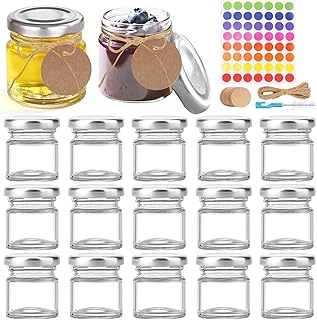 Mssushi Mini Bocaux,50ml Pot Confiture Avec Couvercle,15 Pièces Bocaux En Verre Transparent,Avec étiquettes Personnalisées,5m Ficelle, Autocollants Et Brosses De Nettoyage,Pots à Miel Pour épices
