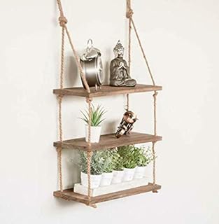 Garden Mile Étagère rustiques rectangulaires à 3 niveaux en corde de bois – Rangement vintage style shabby chic murale flottante – Décoratives pour couloir, cuisine, chambre