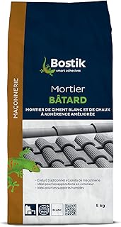 Bostik – Mortier Bâtard – Mortier de Montage Enduit Traditionnel – Sol et Mur – Intérieur et Extérieur – Sans Retrait – Couleur : Blanc – 1 sac de 5 kg