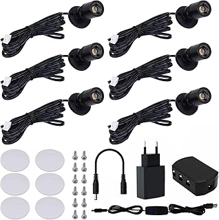 Gouzloy Lot de 6 Mini spot led Rotatif 360° Spots LED Mini surface montée USB 3000K Blanc Chaud Lampe de cabinet Pour armoire couloir galeries magasins armoire bijoux (6 Pièces-Blanc Chaud-noir)