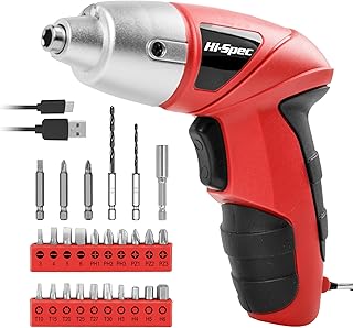 Visseuse Sans Fil Electrique Hi-Spec 3,6V Rouge – Kit 27 Pièces avec 23 Embouts USB Rechargeable – Outils de Bricolage pour Maison et Bureau