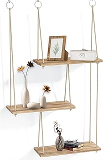 Étagères murales, Étagère de rangement flottante en bois bohème à 3 niveaux avec corde pour décoration murale et suspension de petites plantes pour chambre, salon, cuisine, chambre d