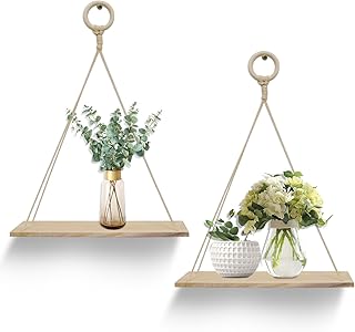 YiYa 2 pcs Étagères à Corde en Bois Étagère Flottante avec Corde étagère Suspendue à la Corde Décoration Murale avec Corde Suspendue pour la Cuisine, la Chambre, la Salle de Bain, Salon,Dortoir