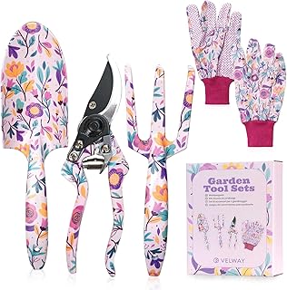 Velway Ensemble d’Outils de Jardinage 5 Pièces – Outils de Jardin à Motif Floral en Métal avec Gants & Coffret pour Femmes, Fête des Mères, Noël, Anniversaire