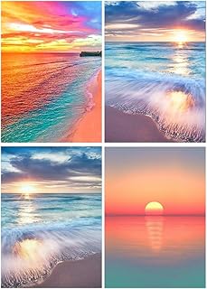 DCIDBEI 30x40CM 4 pièces Kit peinture diamant,Diamond Painting 5D plage colorée de Vacances pour adultes Cadeau Anniversaire Fête Mariage décoration murale-Paysage Mer et Coucher du Soleil