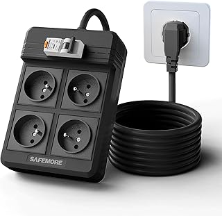 Multiprise SAFEMORE avec disjoncteur différentiel intégré, 4 Prises RCD 16A/250V avec Interrupteur FI/Circuit Breaker, multiprise FI 4000W avec câble d